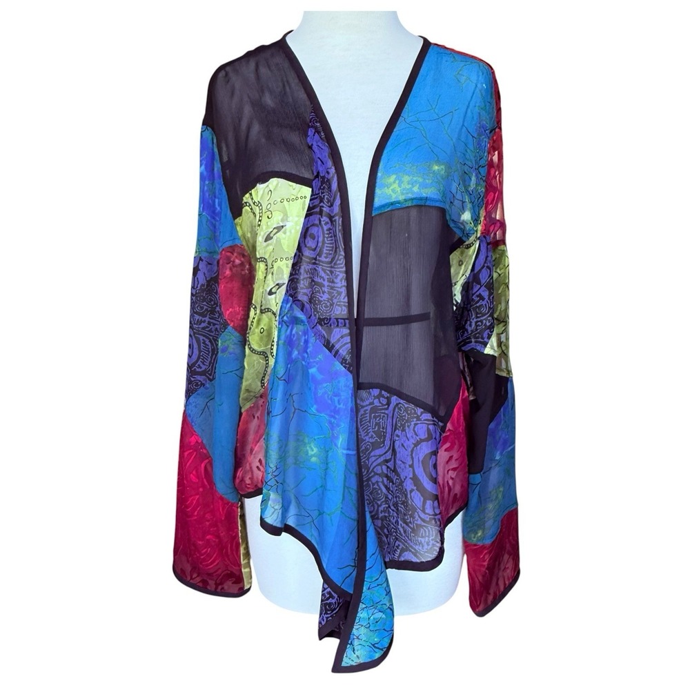 Chico's Women's Kimono Blouse 3/US XL Silk Rayon  Sheer Tie Front Art  PICS!